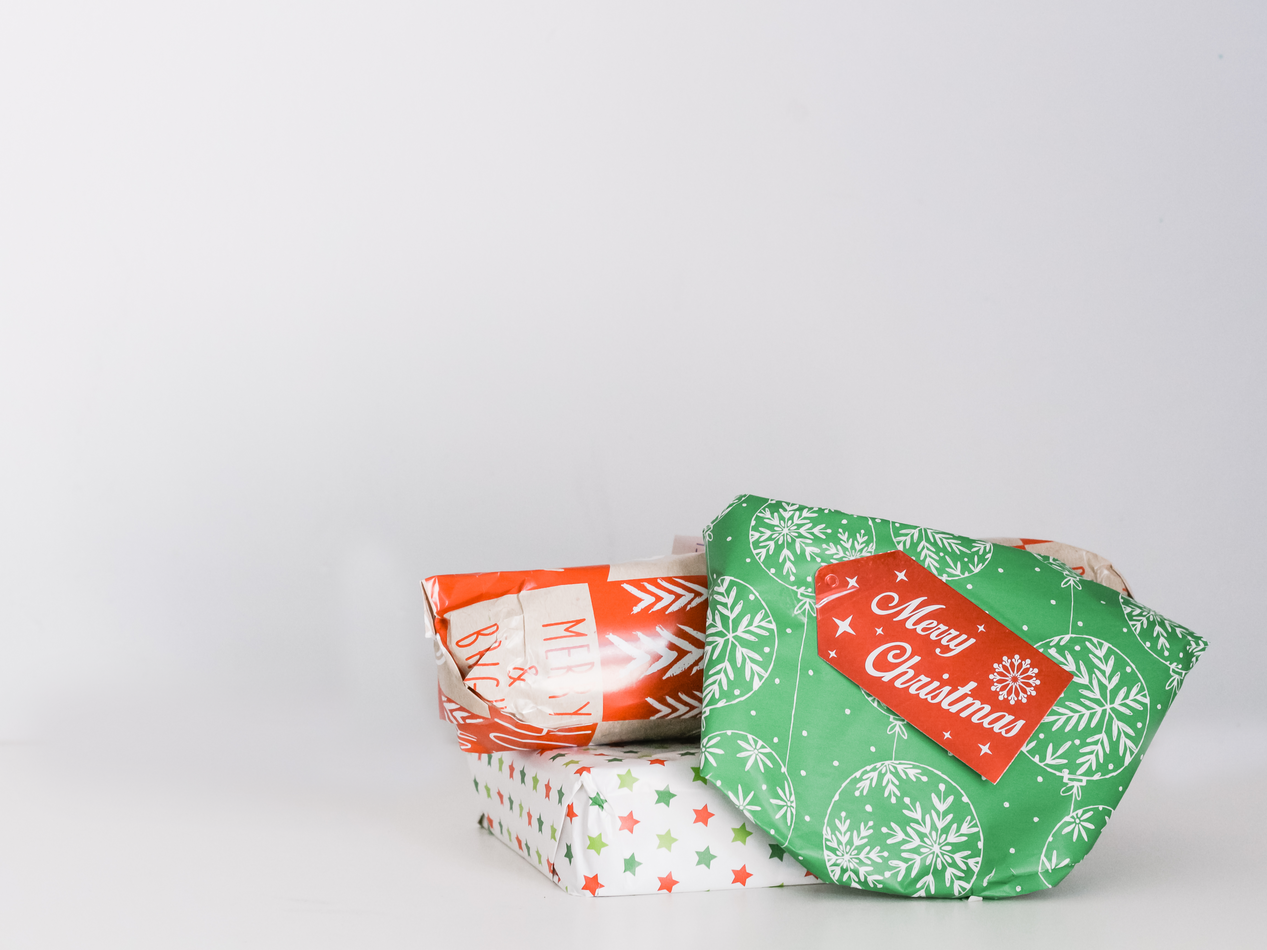 Photo of wrapped holiday presents.