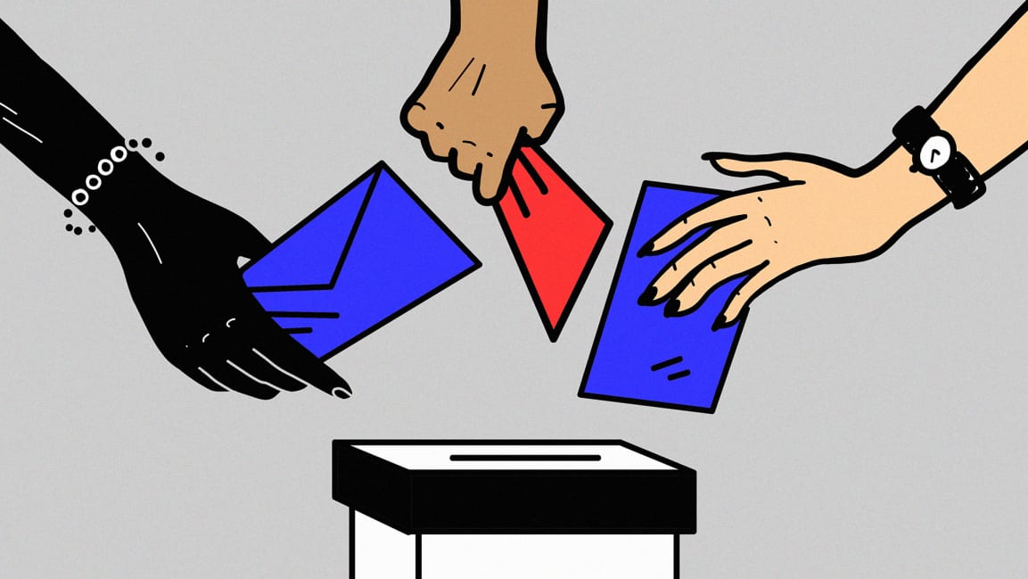 An image of three hands (black, brown, white) trying to insert voting ballots into a box.