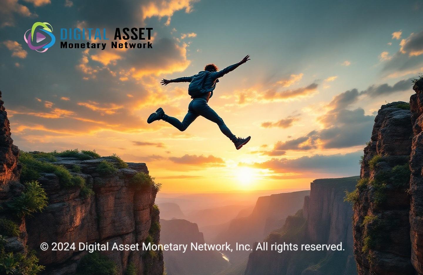 A person mid-jump across a dramatic canyon at sunset, symbolizing boldness and the courage to take calculated risks. The vibrant colors of the sky and the lush greenery surrounding the cliffs create an inspiring scene of ambition, determination, and growth.
