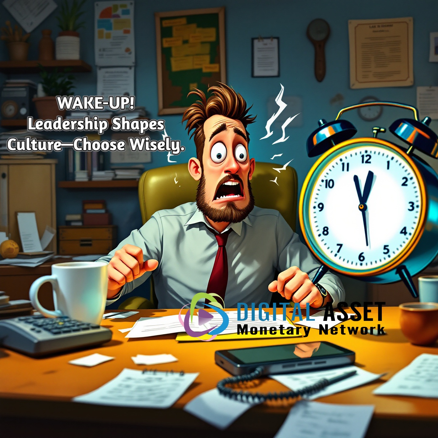 A cartoon-style executive with wild hair and a shocked expression sits at a messy desk, startled by a ringing alarm clock beside them. The desk is cluttered with papers, a coffee mug, a calculator, and a phone, creating a humorous scene that captures the urgency and surprise of a 'wake-up call' for leaders.