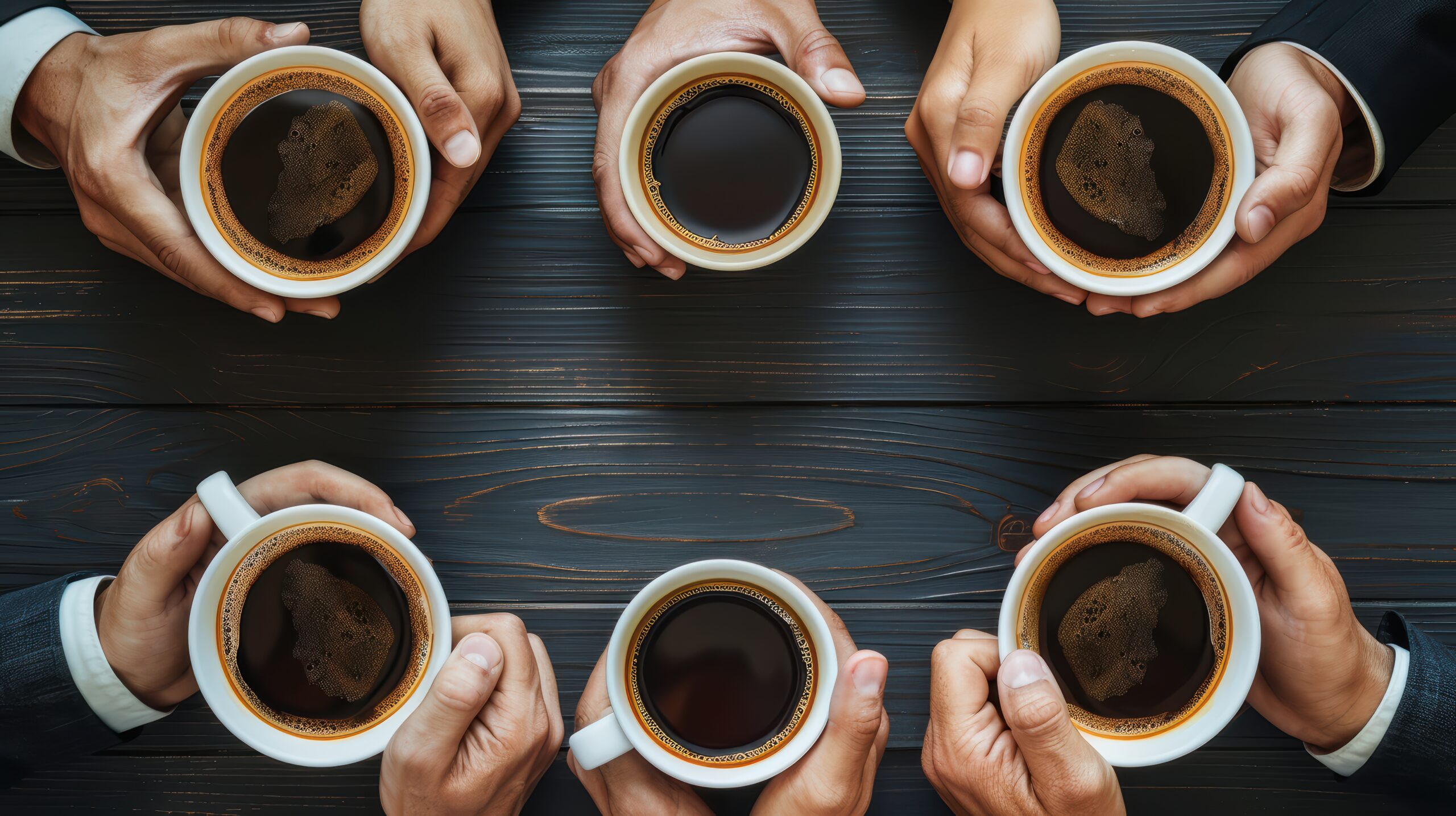 Six businesspeople taking a coffee break in an office, holding cups, engaged in lively discussion. Top view shows teamwork and collaboration. Aromatic coffee adds energy to the room