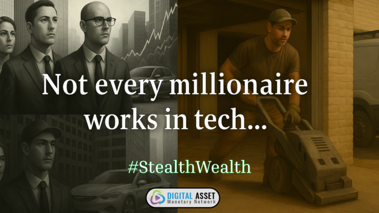 Split-image showing grayscale tech professionals above and a full-color flooring technician below. Text reads: “Not every millionaire works in tech…” with hashtag #StealthWealth in bottom left corner and the DigitalAMN logo at the bottom right corner.