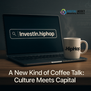 A modern workspace with an open laptop displaying “InvestIn.hiphop” inside a search bar on the screen. Beside the laptop sits a steaming white coffee mug branded with “.HipHop.” Above the setup is the Digital Asset Monetary Network logo, and at the bottom, bold text reads: “A New Kind of Coffee Talk: Culture Meets Capital.