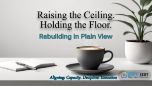 White coffee cup filled with espresso on a polished wooden conference table, with faint architectural blueprint lines above and below the cup. Text overlay reads “Raising the Ceiling. Holding the Floor. Rebuilding in Plain View” and “Aligning: Capacity. Discipline. Execution.” Digital Asset Monetary Network logo in bottom right.