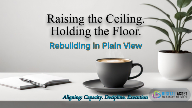 White coffee cup filled with espresso on a polished wooden conference table, with faint architectural blueprint lines above and below the cup. Text overlay reads “Raising the Ceiling. Holding the Floor. Rebuilding in Plain View” and “Aligning: Capacity. Discipline. Execution.” Digital Asset Monetary Network logo in bottom right.